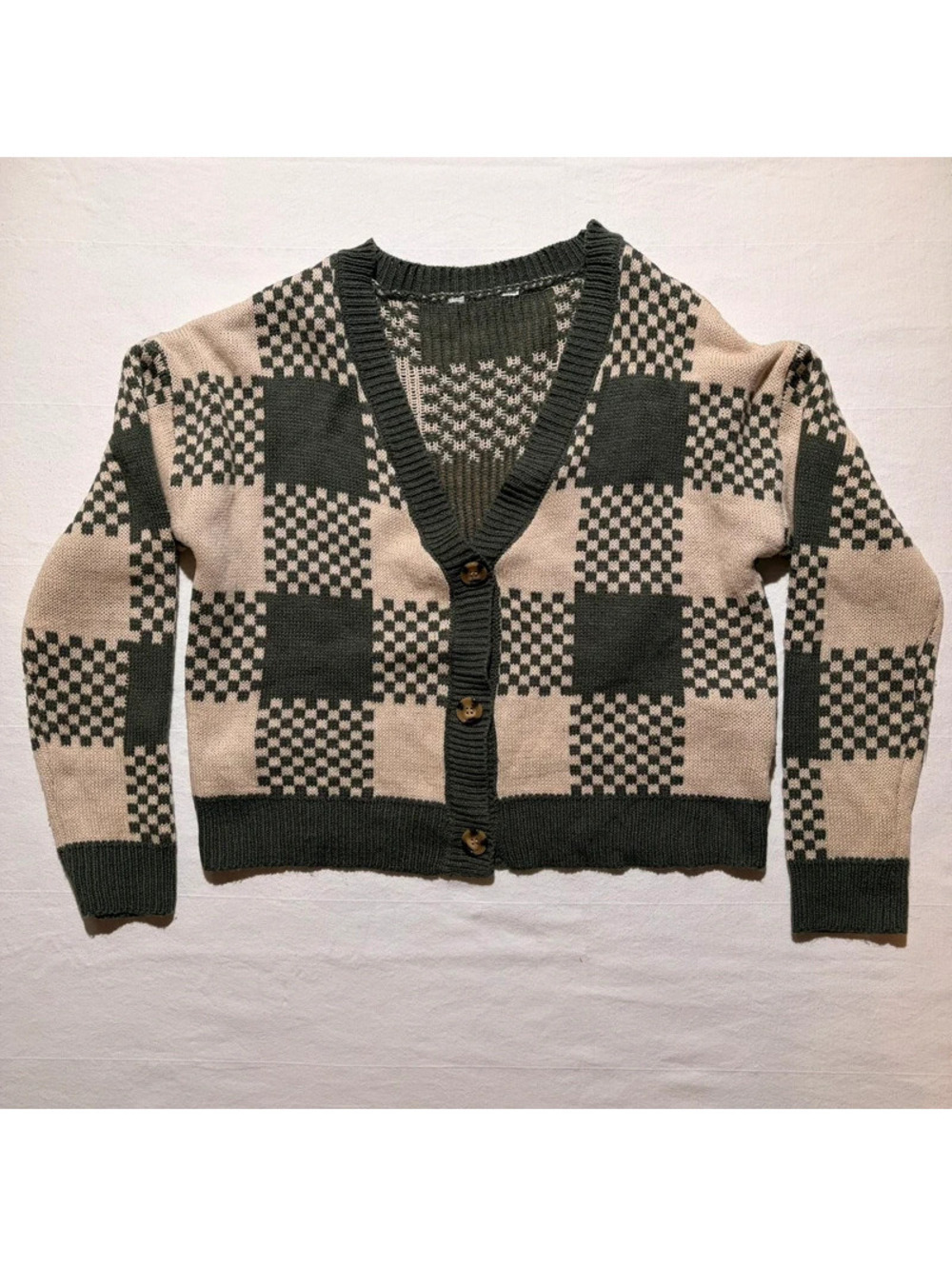 Checkerboard Knit Cardigan Girls L 11 13 Cottagecore Preppy